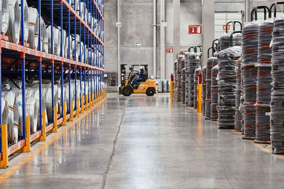 Forklift working in a warehouse aisle